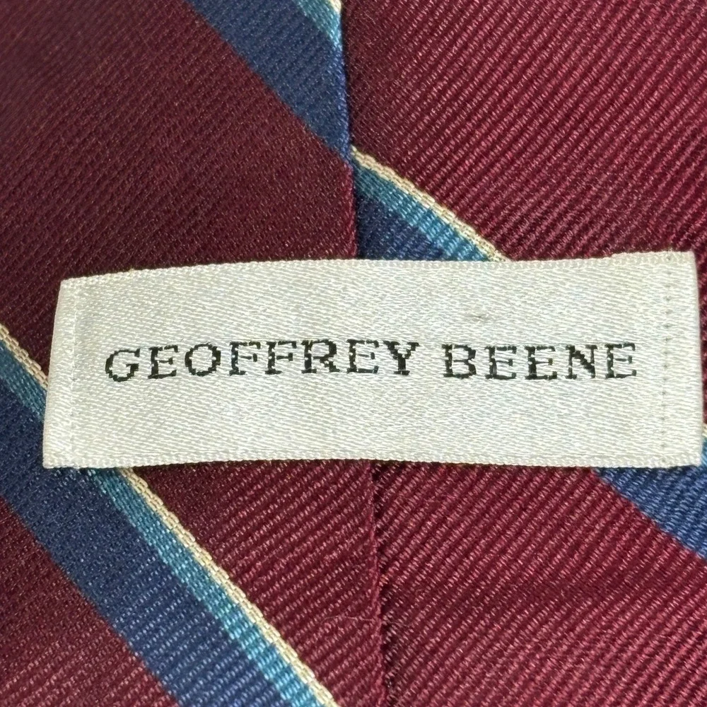 Geoffrey Beene Silk Repp Tie Mens OS Burgundy Blue Striped Italian Fabric Formal
